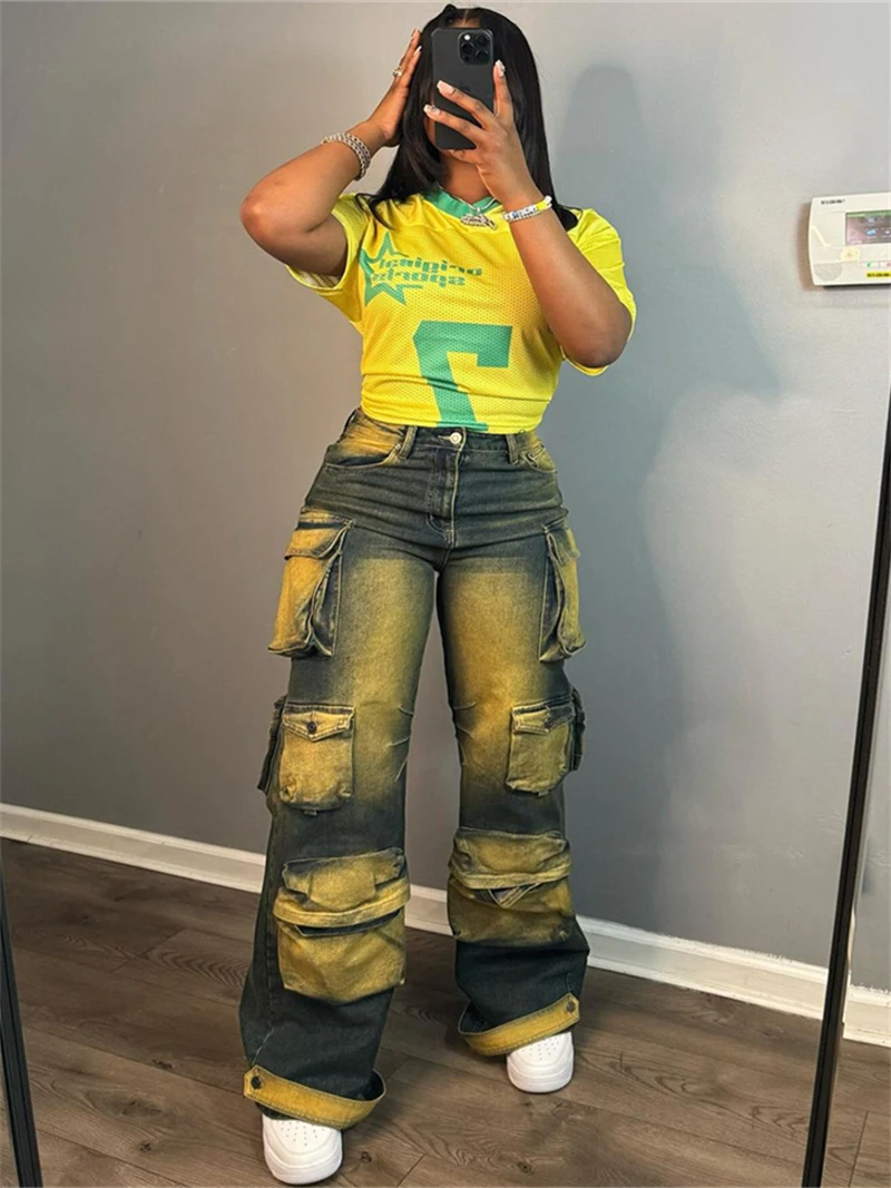 Streetwear Tie dye Jeans Multi Pockets Pants Fall Clothes 2024 Women High Waist Staight Leg Cargo Pants Fashion Denim Trousers