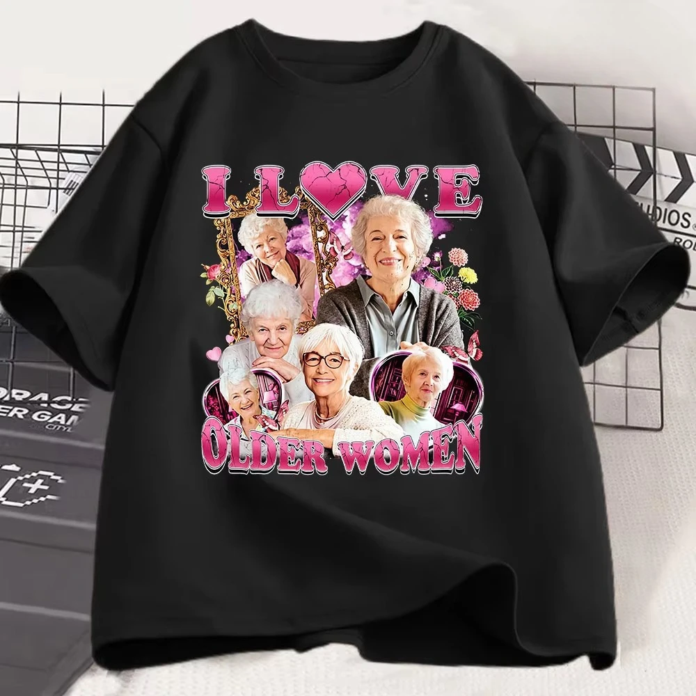 I Love Older Women Funny Meme Men's Cotton Shirt Y2k Harajuku Graphic Tshirts Unisex Short Sleeve Women Streetwear Tshirt