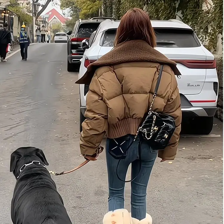 Flip Collar Short Down Cotton Jacket for Women Winter Thick Casual Retro Bread Jacket