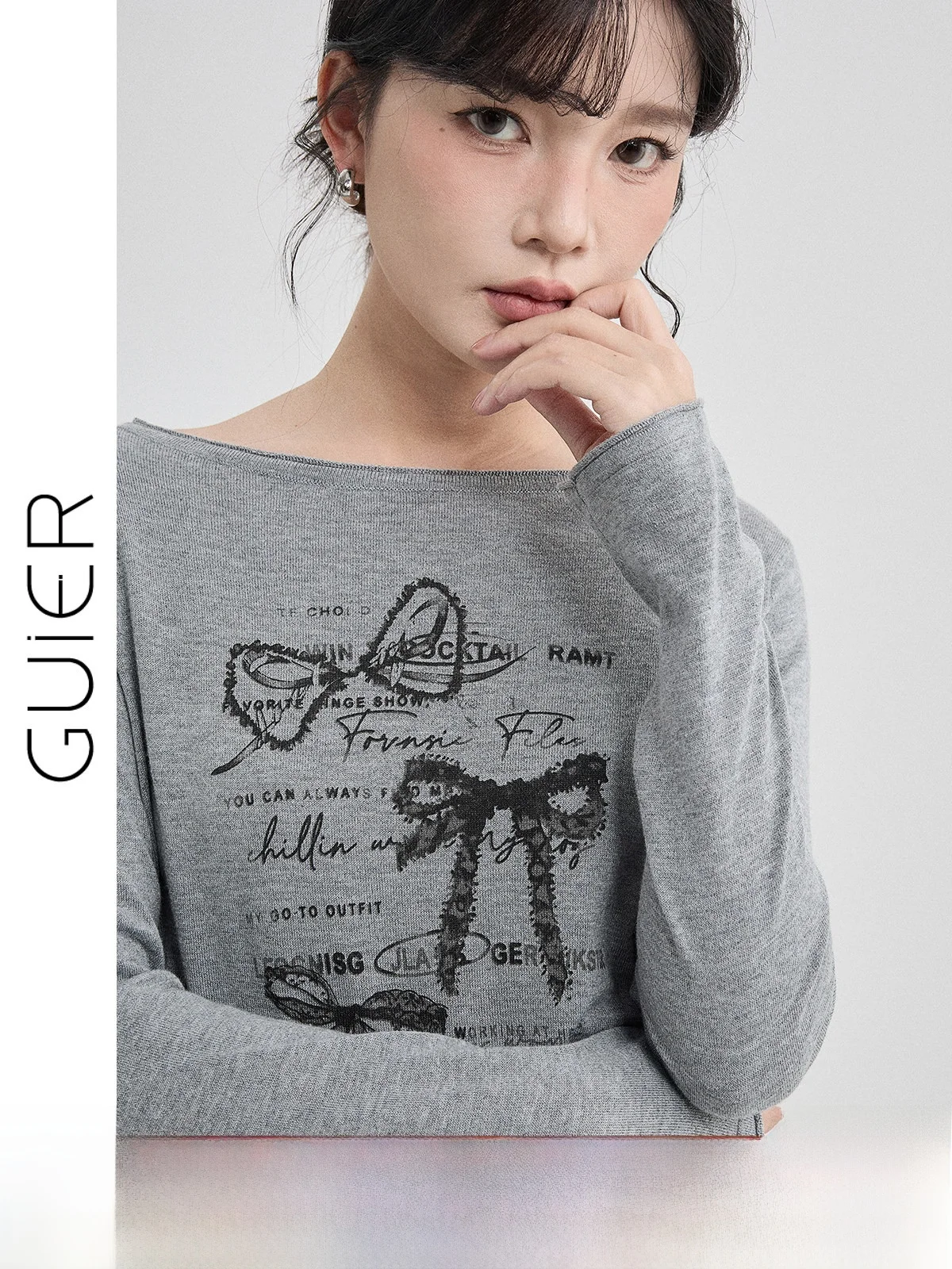 

Guier Knot Print Long Sve T-irt Women's Casual Sle Stand Fit Spring New Arrival Slimming Versatile Top