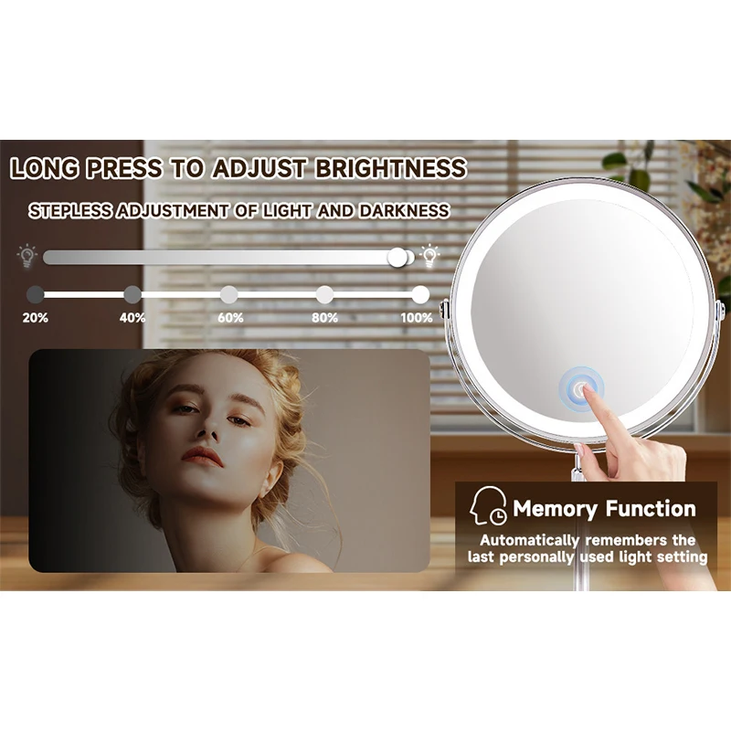 8 Inch LED Makeup Lights with Mirror 5X Magnification Double-Side High-Definition 3 Color Lights Source Vanity Lamp Standing