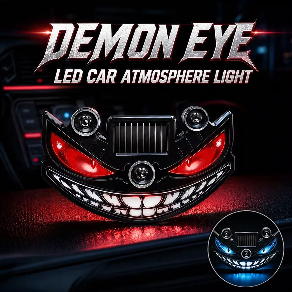 Demon Face Solar Car LED Warning Atmosphere Light Vibration Sensor USB Type-C Rechargeable For Car Windshield Rear Window
