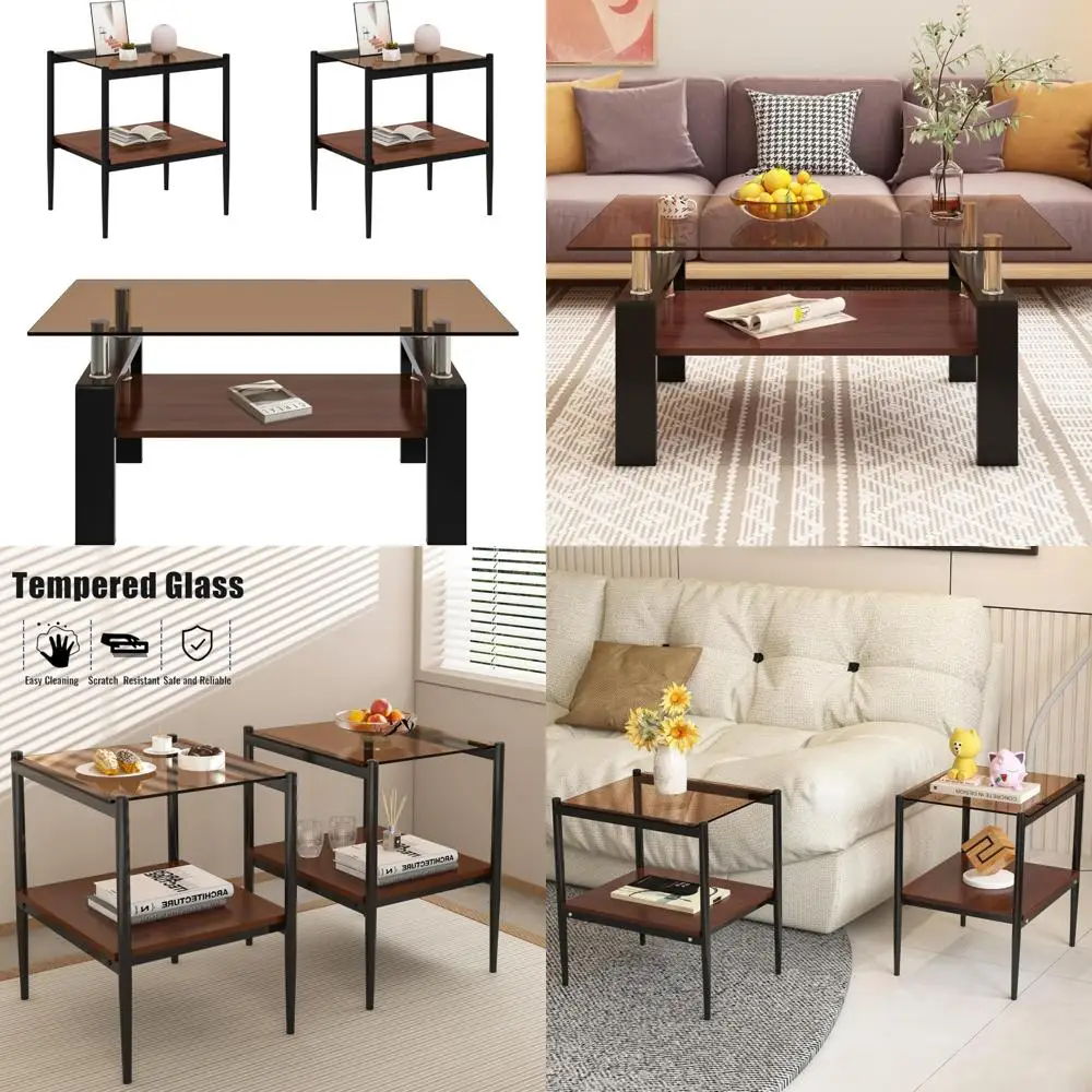 

Modern Glass Coffee Table and End Table Sets of 3, Living Room Tables Set with Walnut Wooden MDF Layer, 39 Rectangle Brown Top,