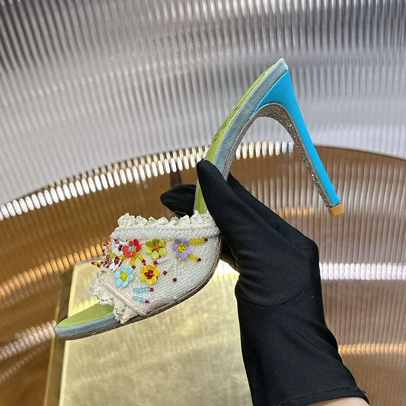 

New Slippers Women Open Toe Lace One Strap Thin Hight Heels Dress Shoes Summer Colorful Flower Decor Solid Color Sandals