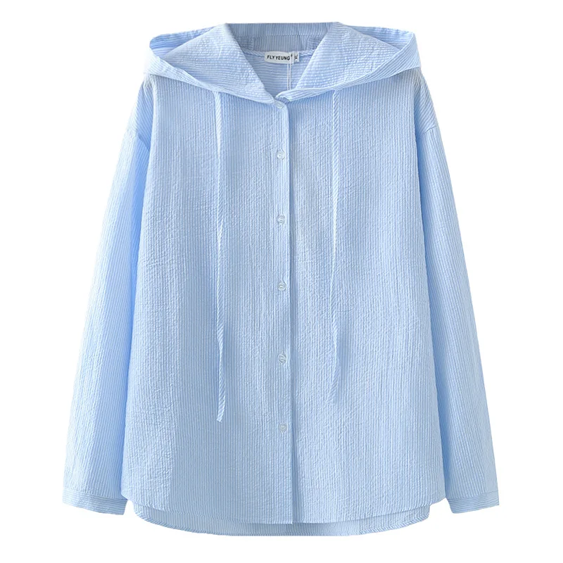 

XXXL Fashion Plus Size Woman Clothing Blouses Spring New Style Casual Hooded Long Sleeved Cotton Striped Shirt 9098