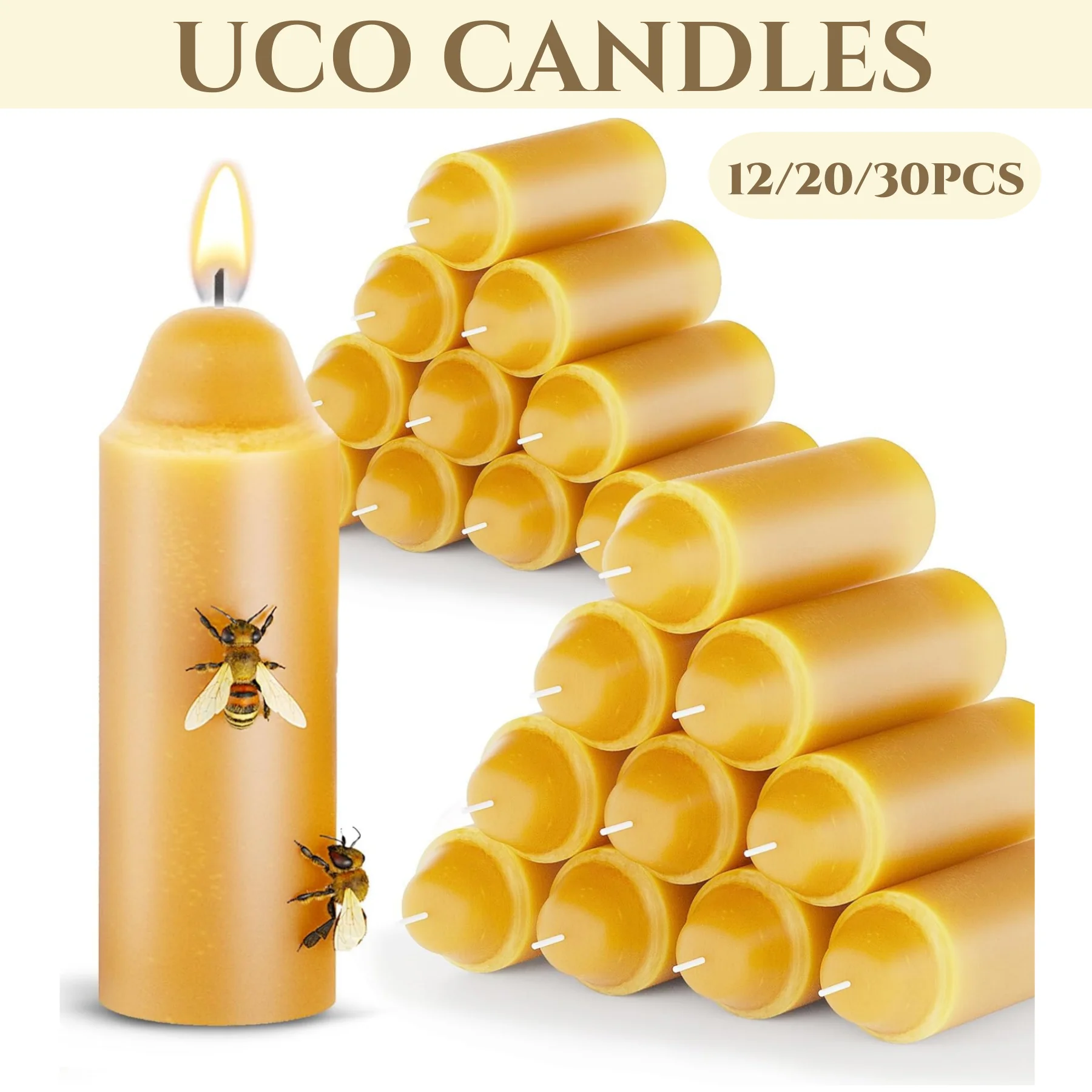 12-30PCS Beeswax Candles Emergency Candles Handmade Pilliar Candles Smokeless for UCO Outdoor Emergency Table Dinner Decor