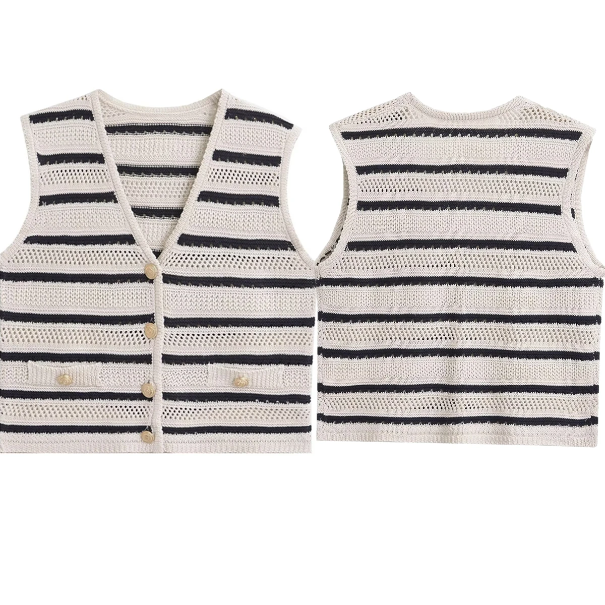 

Maxdutti Fashion Single Breasted Sleeveless Sweaters Knitted Vest Women Vintage Striped Short Tank Top