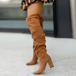 Pointed Toe Suede High Heels Women Knee Boots Chunky Heels Fold Women's Boots