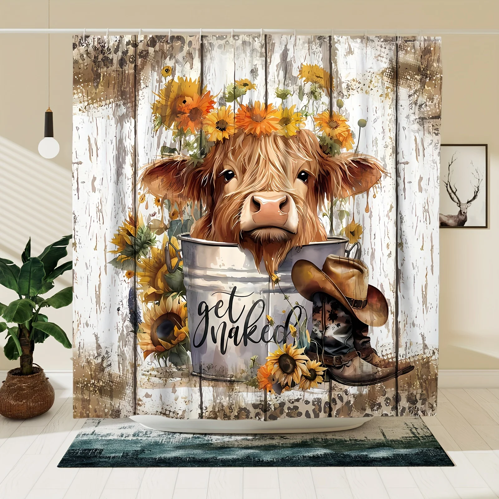 Highland Cow Sunflower Nude Wood Shower Curtain, Cute Rustic Farmhouse Shower Curtain, Polyester Fabric