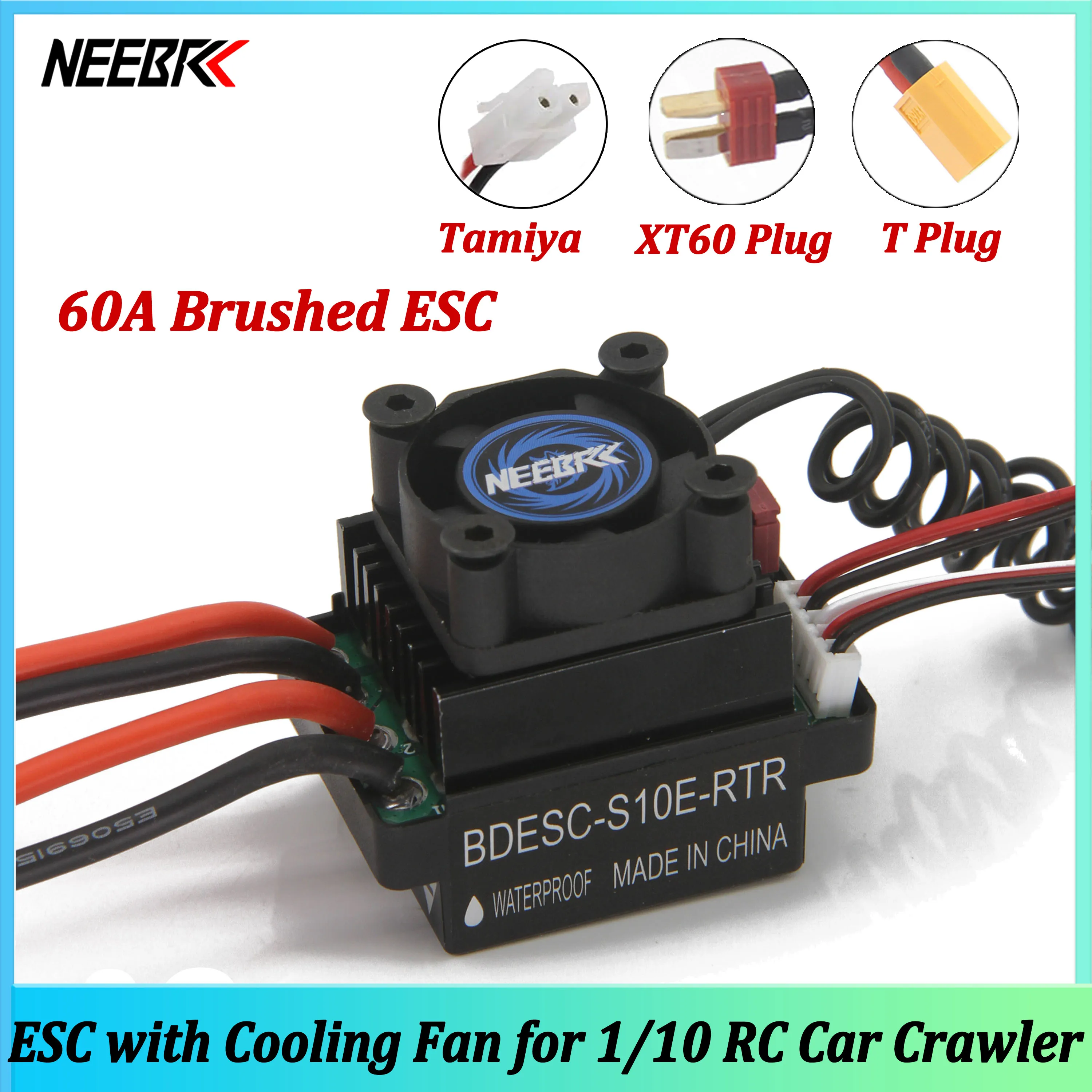 NEEBRC 320A Waterproof Brushed ESC 2-3S Speed Controller 5V/2A BEC 60A with 25mm Cooling Fan for 1/10 RC Car Boat Model Motor