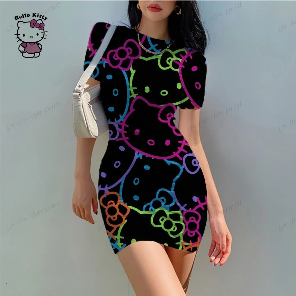 Hello Kitty Print Bodycon Cami Midi Dress Boho Short Sleeve Skinny O Neck Slim Vacation Wrapped Skirt Summer Mini Dress Hot Sale