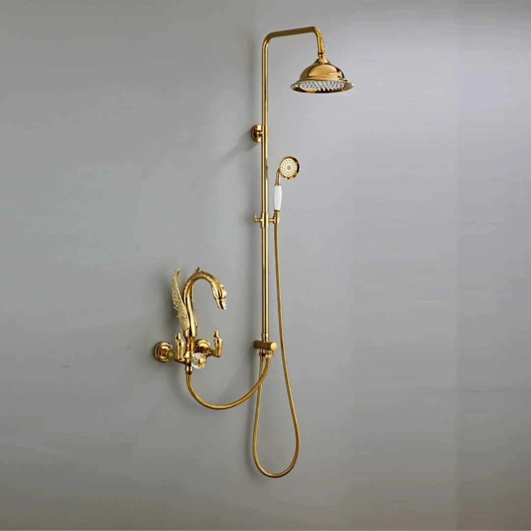 

Gold Bathroom Shower Faucet Brass Swan Bathroom Rainfall Shower Faucet Wall Mounted Hot & Cold Bathtub & Shower Faucet