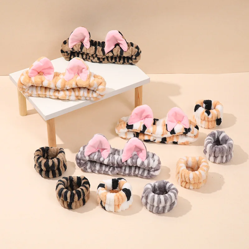 

3pcs Leopard Print Zebra Pattern Plush Cat Ears Headband Set for Women 3D Cat Ear Hairband Wristband Combo Face Wash Band