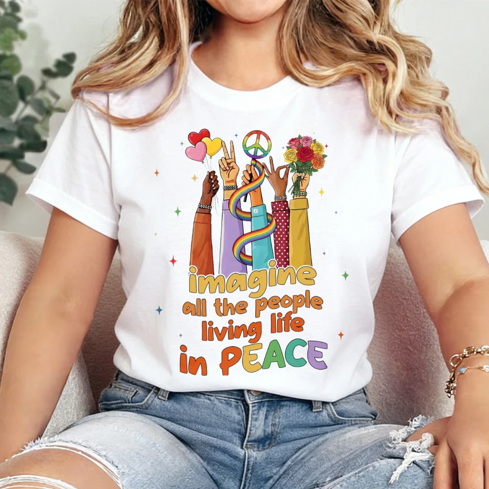 Imagine All The People Living Life in Peace Tee Peace Sign Rainbow T Shirt Love Unity Tee Boho Positive Quote Tops