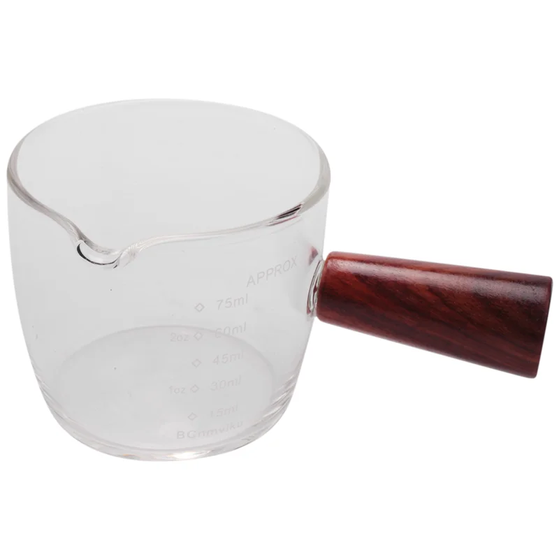 Glass Measuring Cup Espresso Shot Glass 75ML Triple Pitcher Barista Single Spouts with Wood Handle