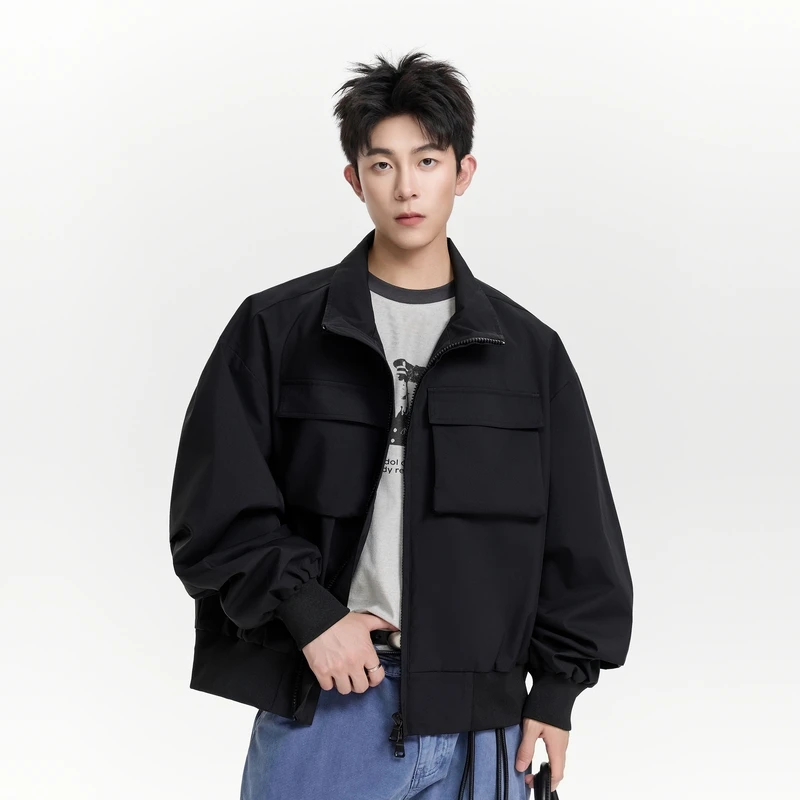 

Street Style Casual Loose Pocket Design Jacket for Men Spring Autumn New Style Leisure Turn-down Collar Polyester Fiber