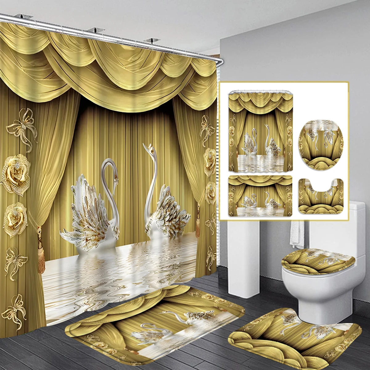 1/4 Piece Shower Curtain Set, Waterproof Bathroom Partition Curtain with Hooks, Anti-Slip Bath Rug, U Shape Mat, Toilet Seat Cov