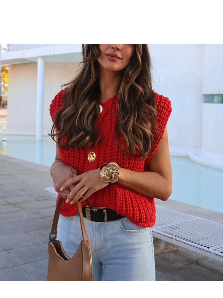 Vintage Women Red Vest 2024 Fashion Spring Summer Ladies Casual Commute Button Sleeveless Sweater Coarse Needle Knit Vest