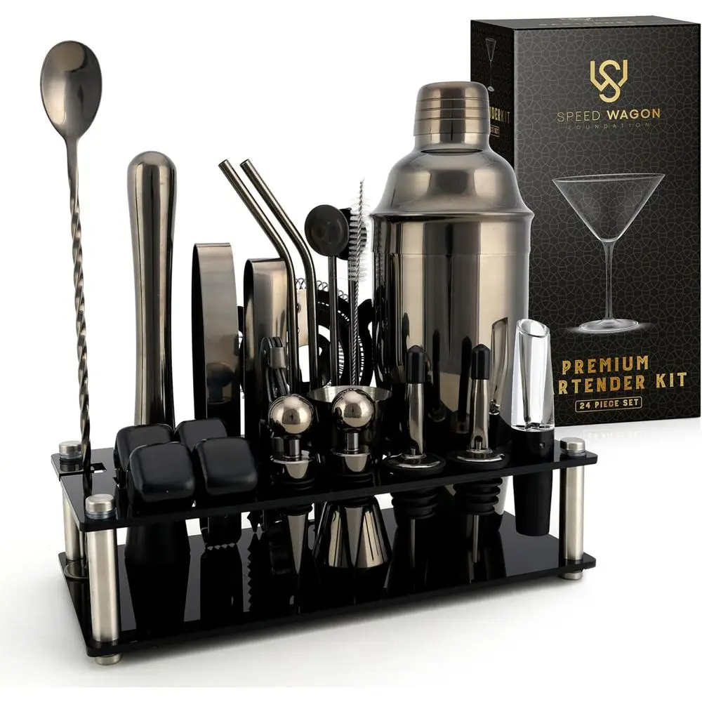 

24-Piece Stainless Steel Cocktail Shaker Set with Stand, Home Bar Accessories, Includes Jigger, Muddler, Chilling Cubes