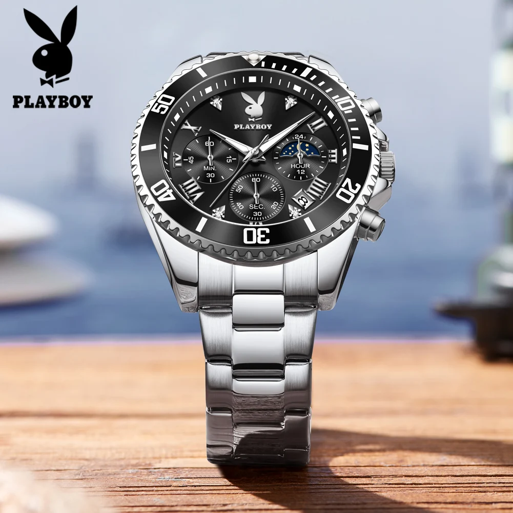 PLAYBOY Original Stainless Steel Multifunction Men Quartz Watch Best Selling High Quality Casual Fashion Trend Men's Wrist Watch