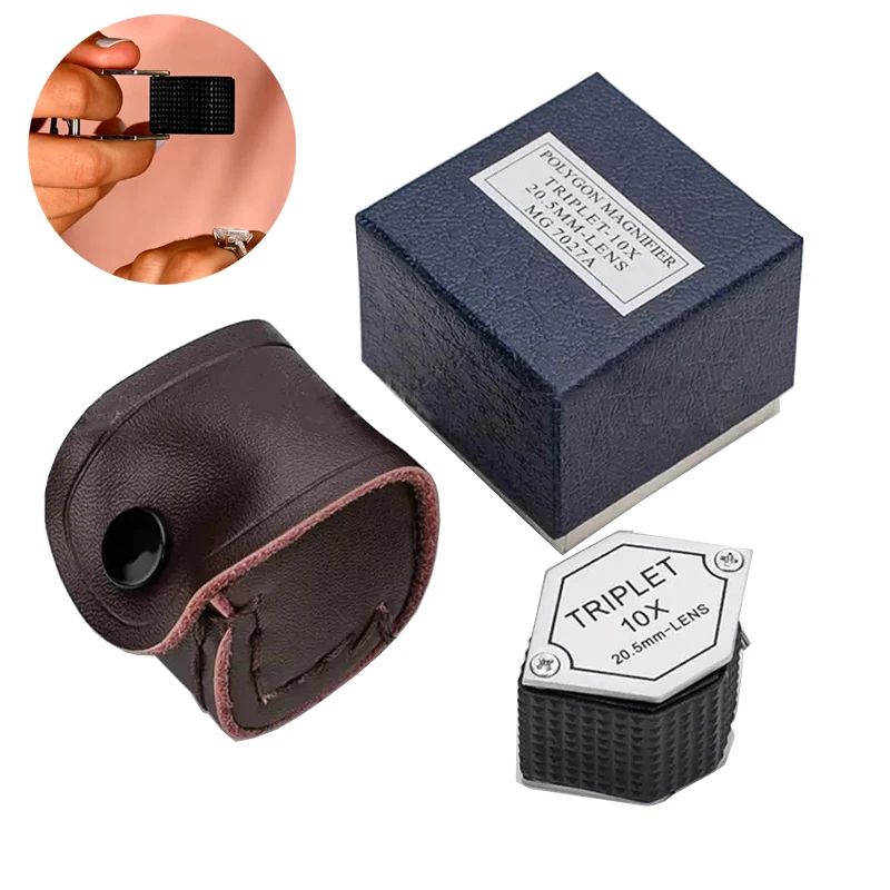 Draagbare Zeshoekige 10x Sieraden Loupe Witte Matte Afwerking Metalen Opvouwbare Zak Vergrootglas 20.5Mm Lens Edelsteenloepen Met Rubberen Grip