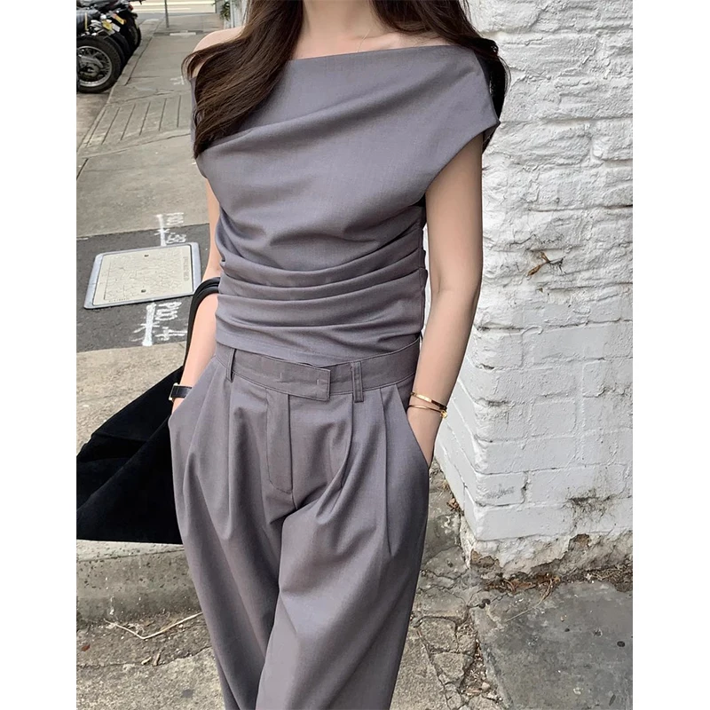 

Chic Summer oulder Bared irt Top + High Waist Wide Leg Suit Pants Women's Set Cotton Blend Two Piece Faion Ensemble
