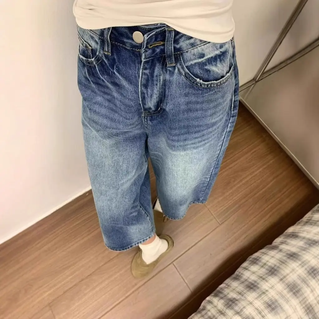 

Женские потертые прямые джинсы в стиле ретро с высокой талией, укороченные брюки для похудения, тонкие свободные летние брюки больших размеров