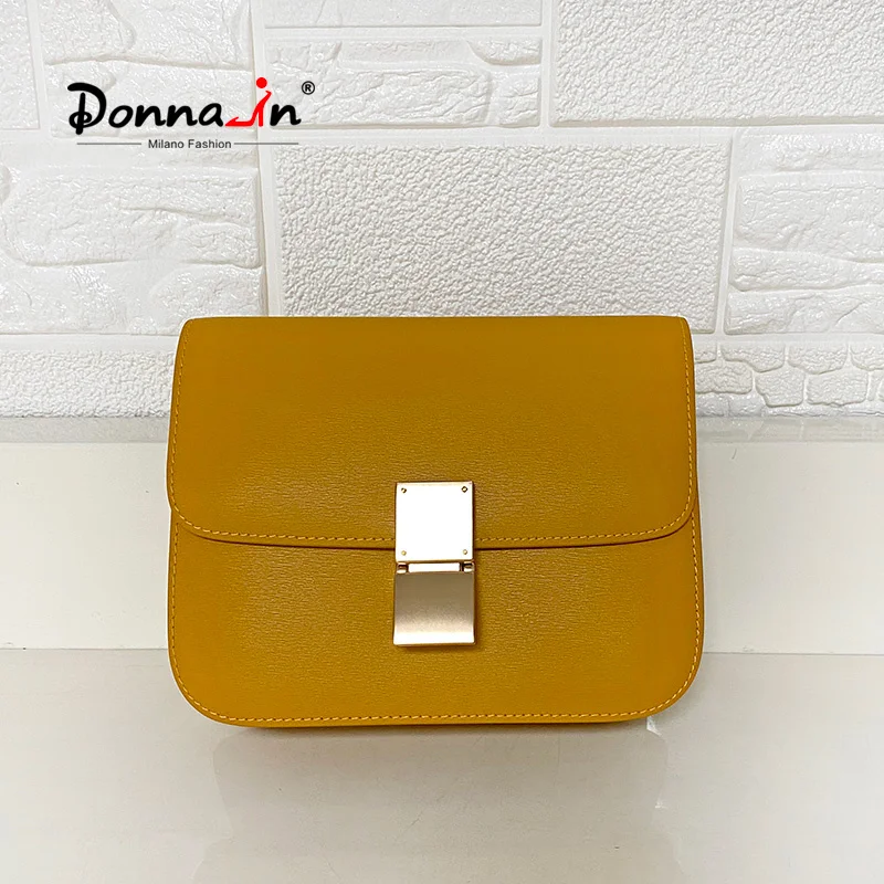 Donna-in Women Clutch Purses Bags Genuine Leather Simple Classic Gold Metal Buckle Flap Mini Shoulder Bag for Wedding Party