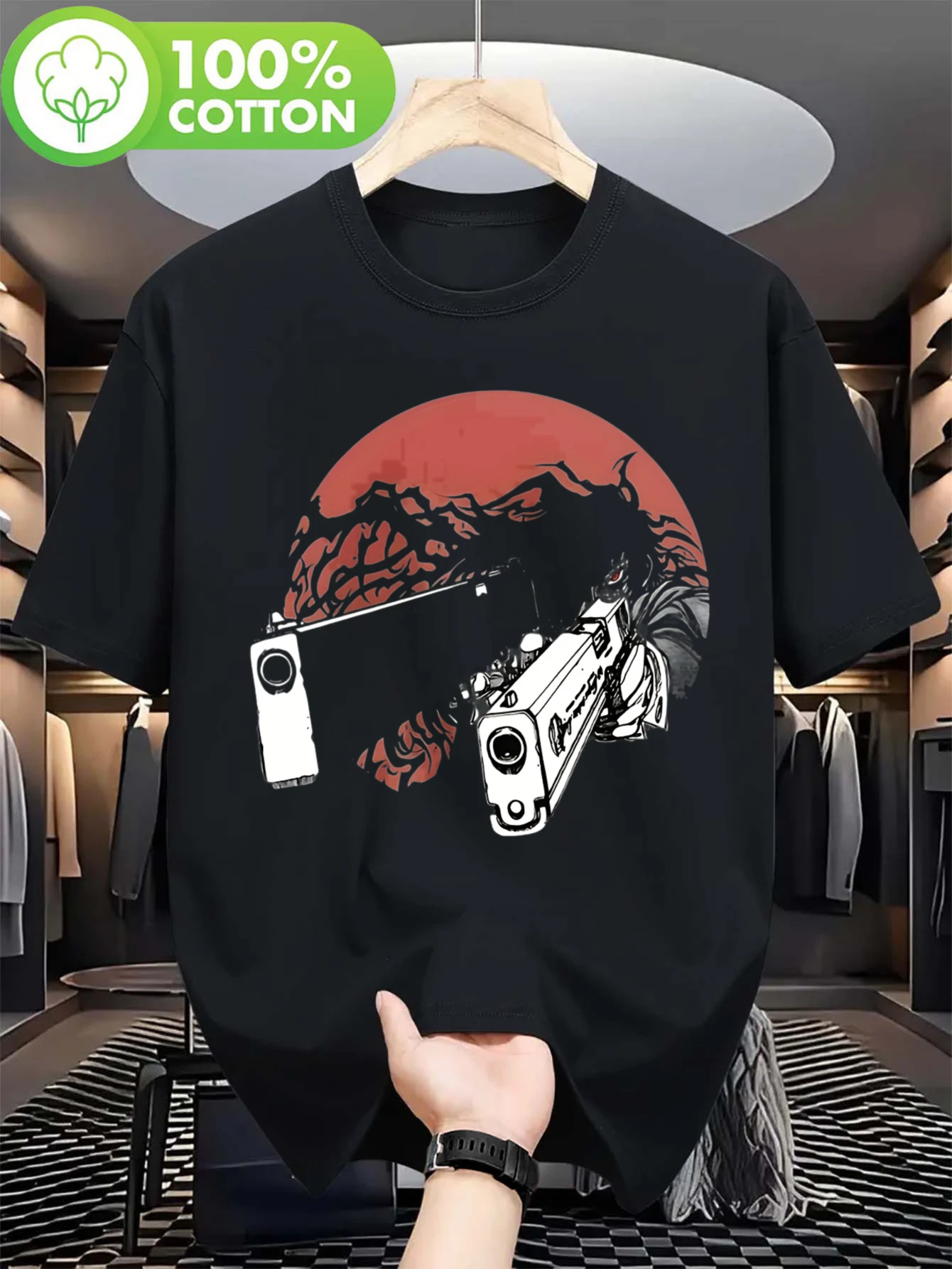 Camiseta gótica de cazador de vampiros Hell Alucard para hombre - Diseño de pistola de anime, estampado potente, camiseta informal con cuello redondo, adecuada para ensamblaje, actividades al aire libre y uso diario - Prenda icónica, lavable a máquina (primavera, verano, otoño)
