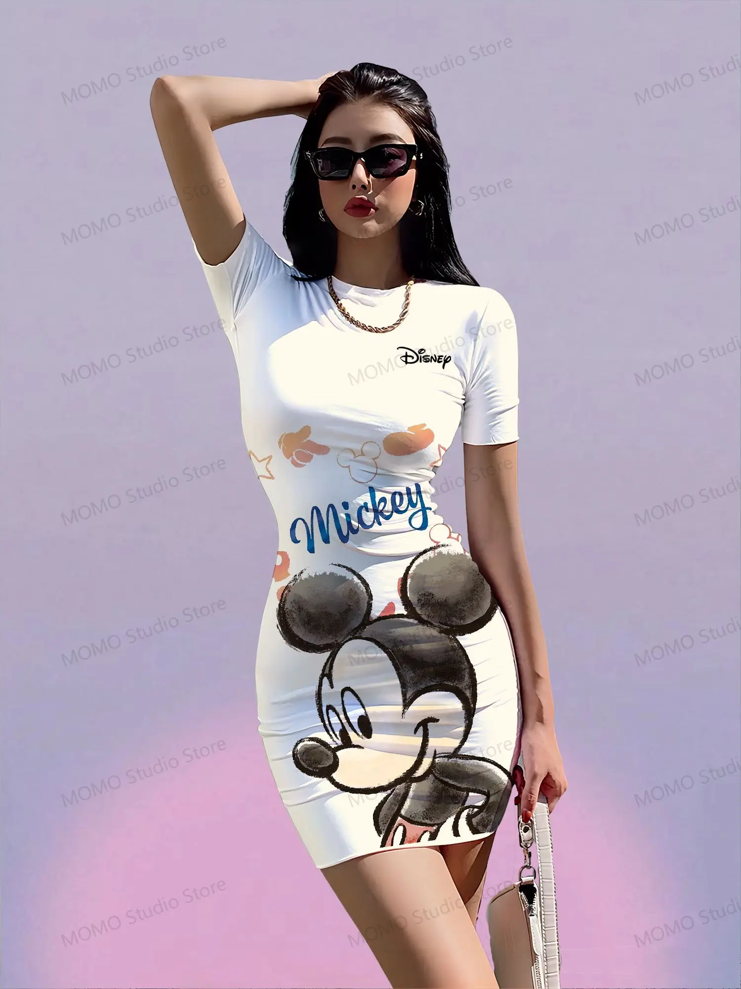 

Disney Mickey Mouse Kawaii Women's Short Sleeve Hip Dress Sexy Dresses 2024 Y2k Summer S-3XL O Neck Fashion New Elegant Ladies