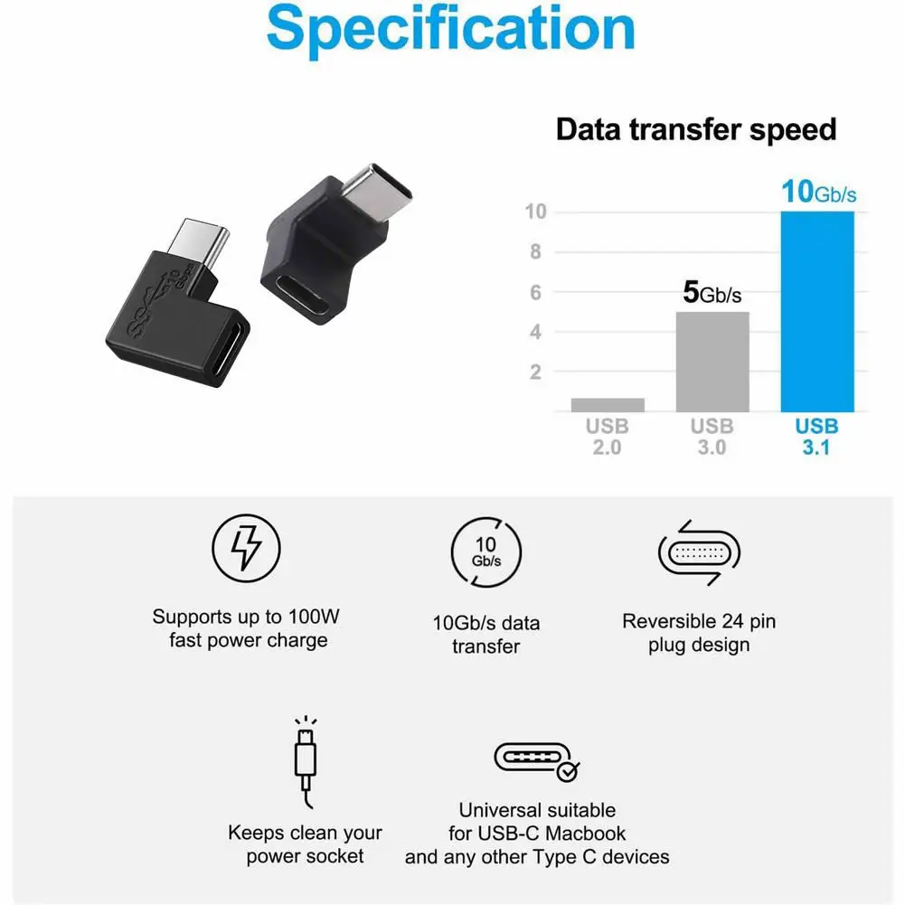 2pcs 10Gbps 90 Degree USB Type C Male to Female Converter USB C Adapter For Mobile Phone For Macbook Laptop Portable Connector