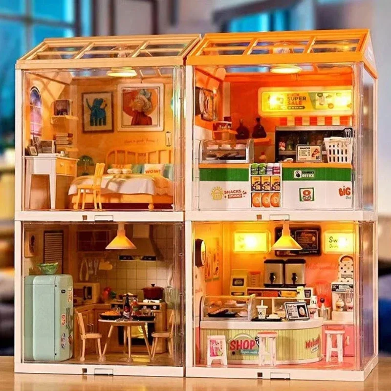Mini casa delle bambole in miniatura blocco fai da te artigianato per bambini illuminazione della casa blocchi di costruzione giocattoli di assemblaggio fai da te regalo di Natale per bambini