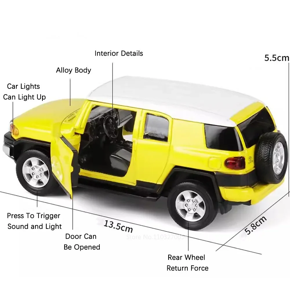 1:32 TOYOTA FJ CRUISER Alloy SUV Car Model Diecast Toy Rubber Tire Doors Opened Sound Light Pull Back Collection Models Kid Gift