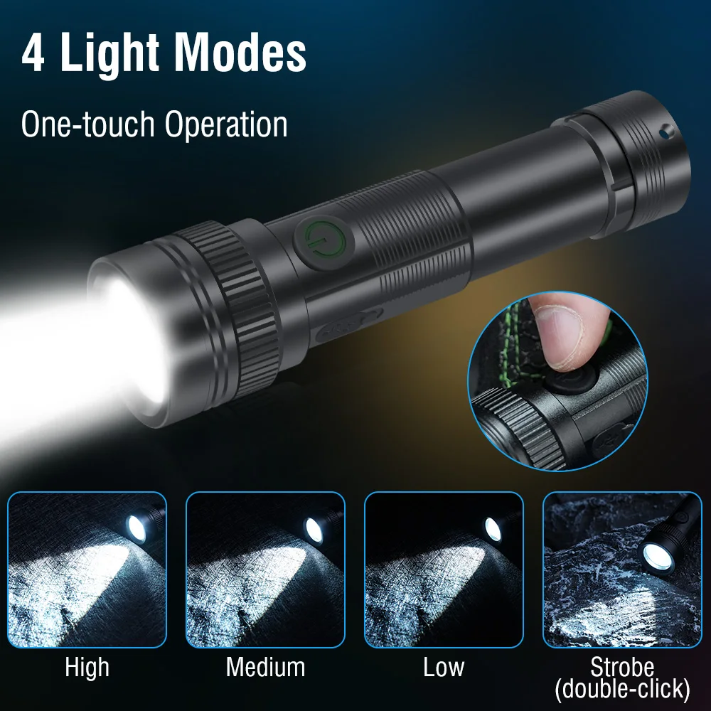 BORUIT ST12 Zoom LED Flashlight Super Bright Type-C Rechargeable Spotlights Waterproof Camping Hand Lamp Fishing Tactical Torch