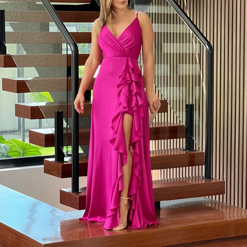 

Long Summer Woman Dress 2024 New Design Fashion Strapless V-neck High-Waisted Ruffled Irregular Split Maxi Dress Party Vestidos