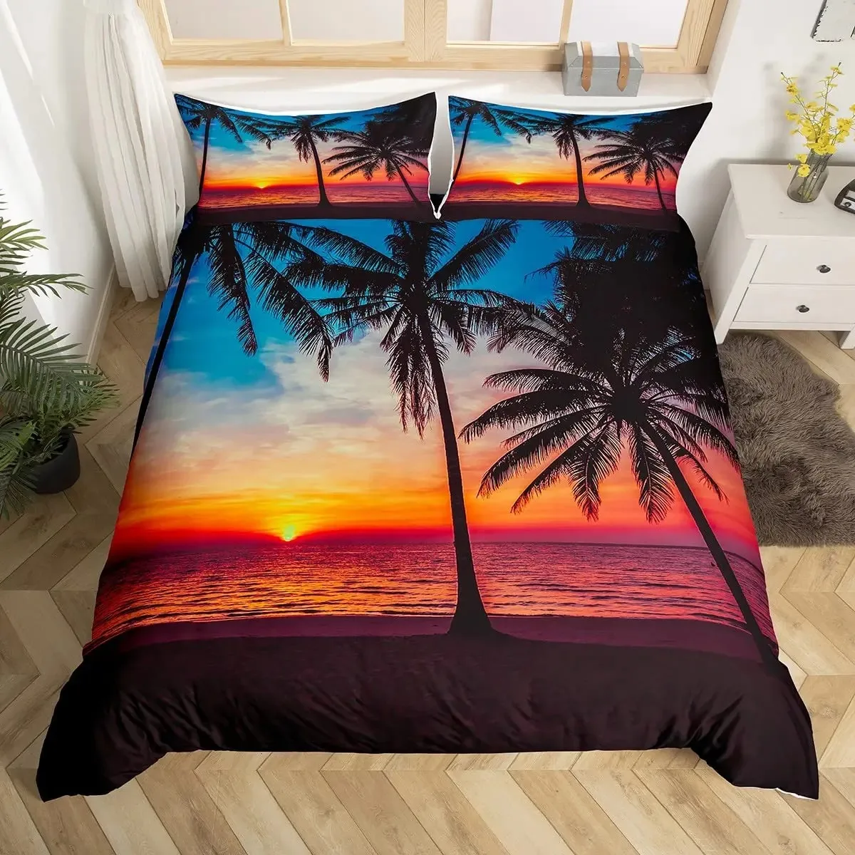 

Ocean Beach Duvet Cover Set King Size,Tropical Sunset Beach with Palm Trees Bedding Sets,Ocean Evening View Resort Quilt Cover