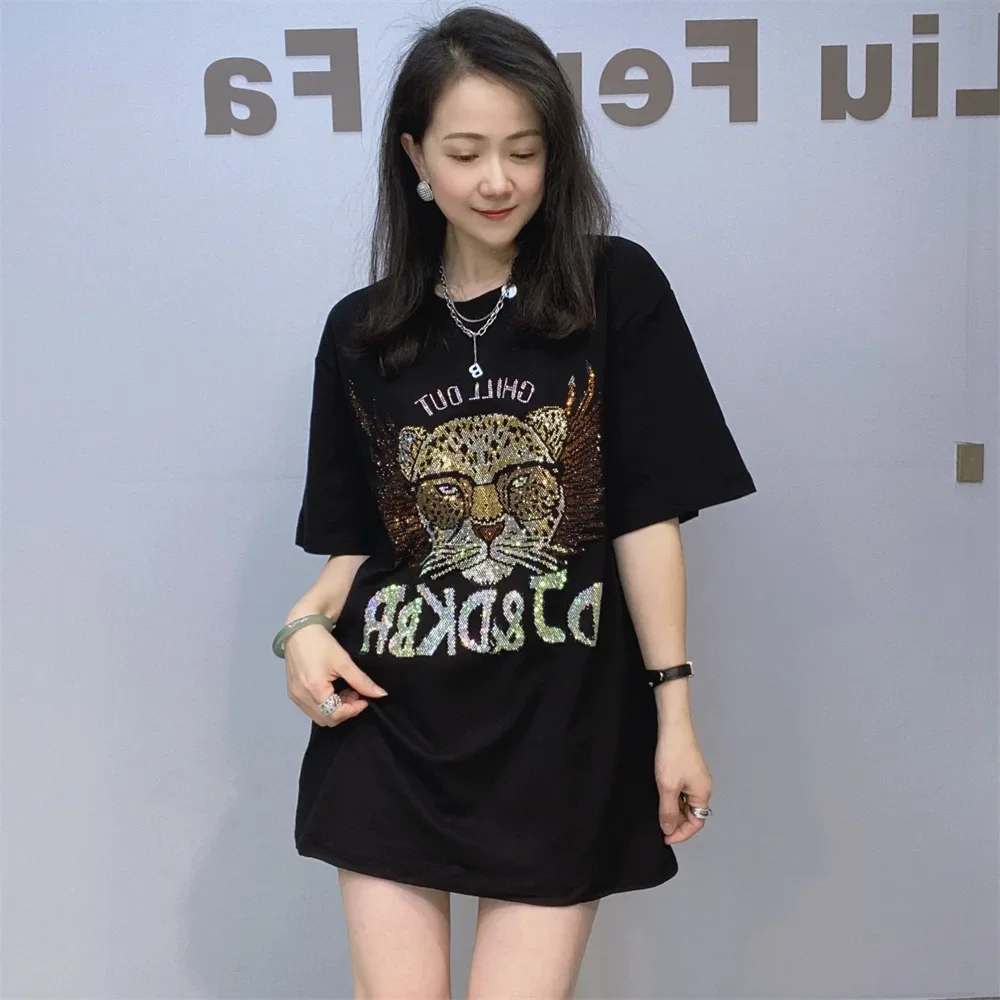 

Fashion Hot Drilling Short Sleeve Knitted Top Womens Clothing Summer Cartoon Pattern Casual Round Neck Loose T-shirts Female