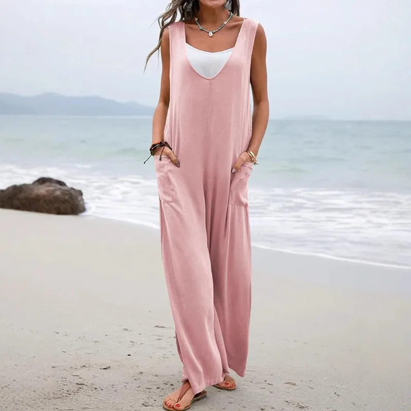 بدلة قفز نسائية صيفية جديدة لعام 2025 بدون أكمام ملابس نسائية مقاس كبير