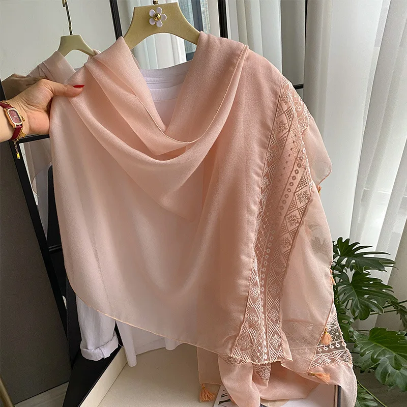 

New Solid Color Hollow Lace Decorative Fringed Pendant Fashionable Versatile and Elegant Imitation Cotton and Linen Silk Scarf