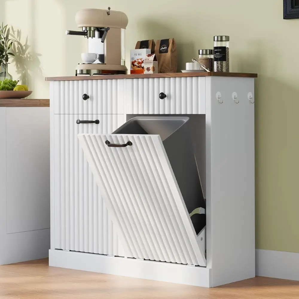 

20 Gallon Fluted Laundry Hamper Cabinet with 2 Drawers, Wooden Double Tilt-Out Trash Can Cabinet for Kitchen and Living Room, Wh