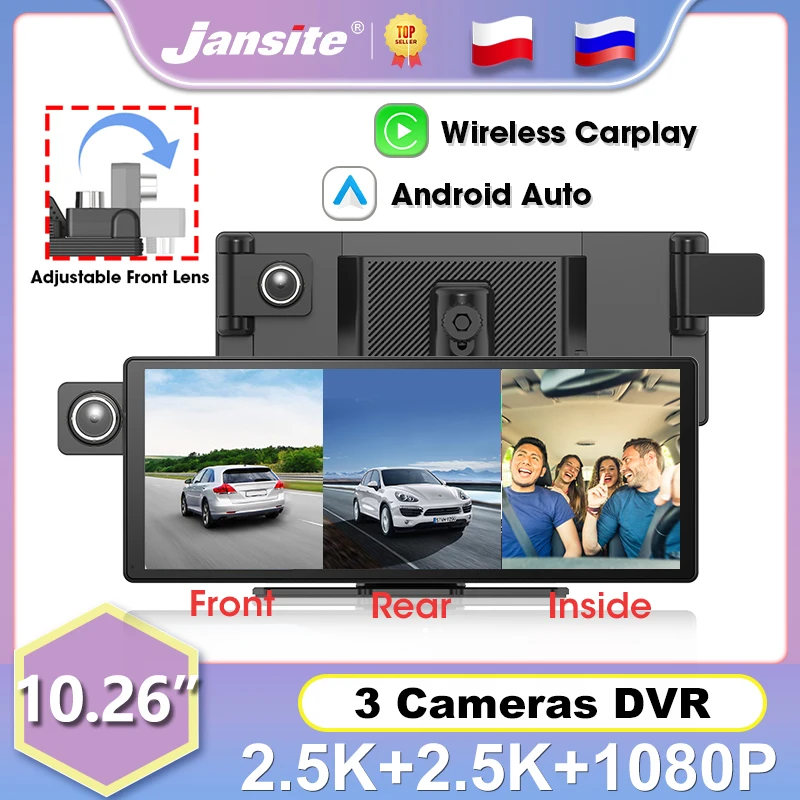 

Jansite 3 Cameras Car DVR Adjustable 2.5K Front Inside 1080P Rear Camera Dash cam Mirror Recoder Wireless Carplay Android Auto