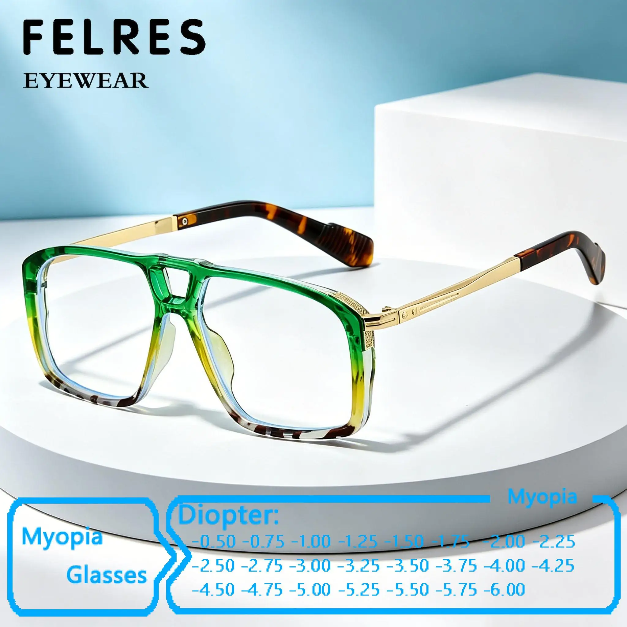 Pilotenbrille mit großem Rahmen, Anti-Blaulicht-Myopie-Brille für Männer und Frauen, negative Dioptrien, verschreibungspflichtige Kurzsichtbrille -0,5–1,0 bis -6,0
