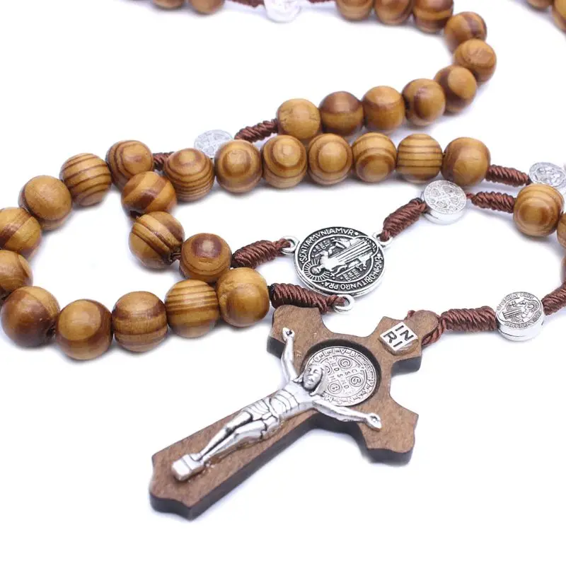 Rosary for Cross Necklace Wooden Round Beads Handmade Crafts Men Charm for Christian Believer Church Praying Blessing