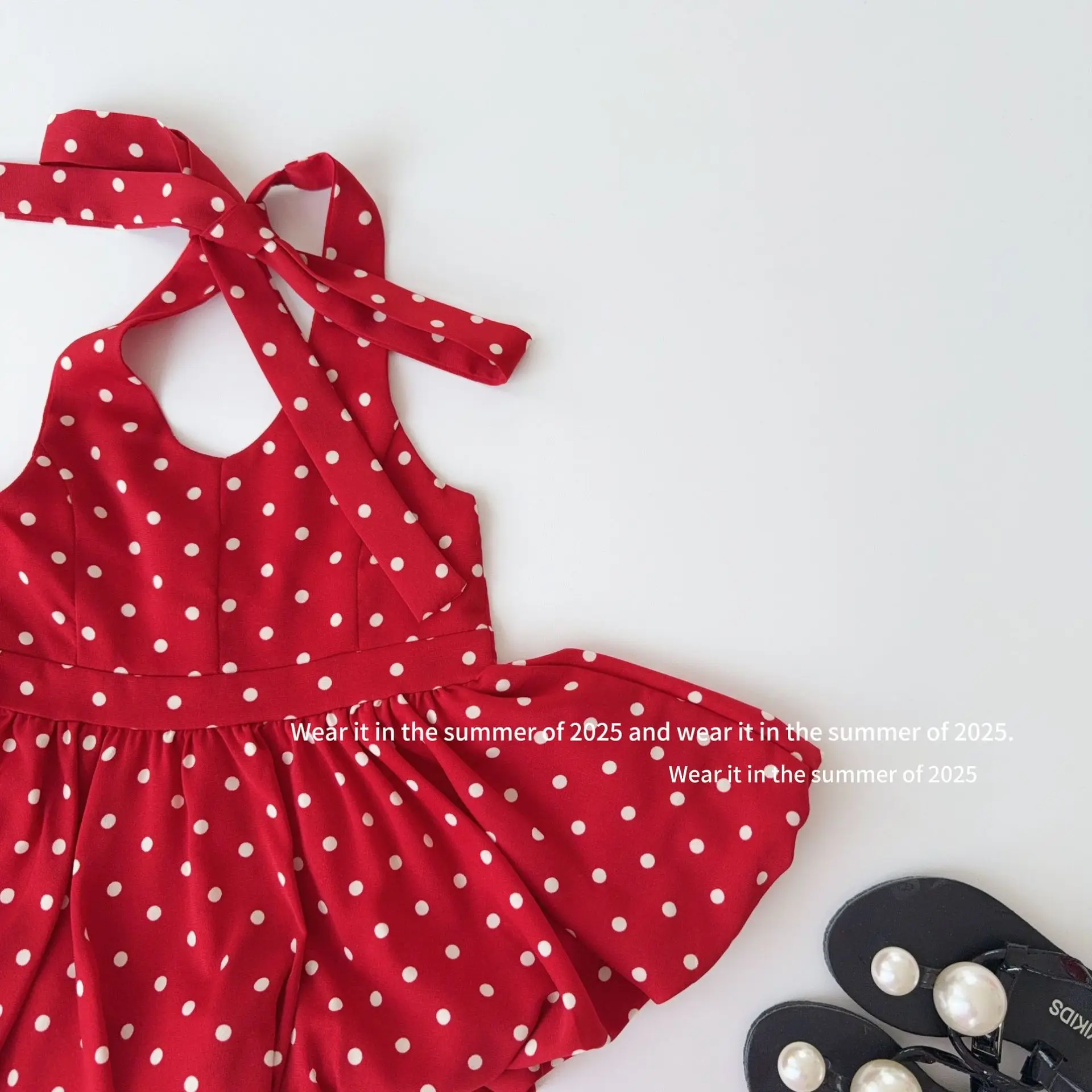 

Children Summer Backless Cropped Tops Spicy Girl Kids Girls Fashion Halter Tops Dots Solid Sleeveless A-line Fluffy Shirts 2-10Y