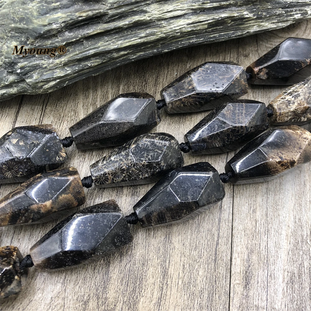 Large Faceted Black Chrysanthemum Stone Coral Jaspers Cutting Nugget Beads For DIY Jewelry Making MY221115