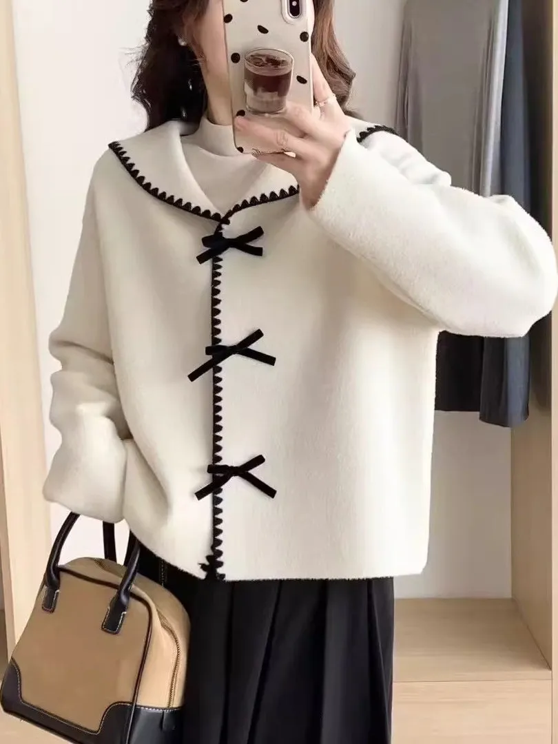 

Винтажный белый короткий кардиган из искусственного меха норки для женщин, пальто с бантом и воротником Babydoll, теплые модные осенне-зимние наряды для поездок на работу