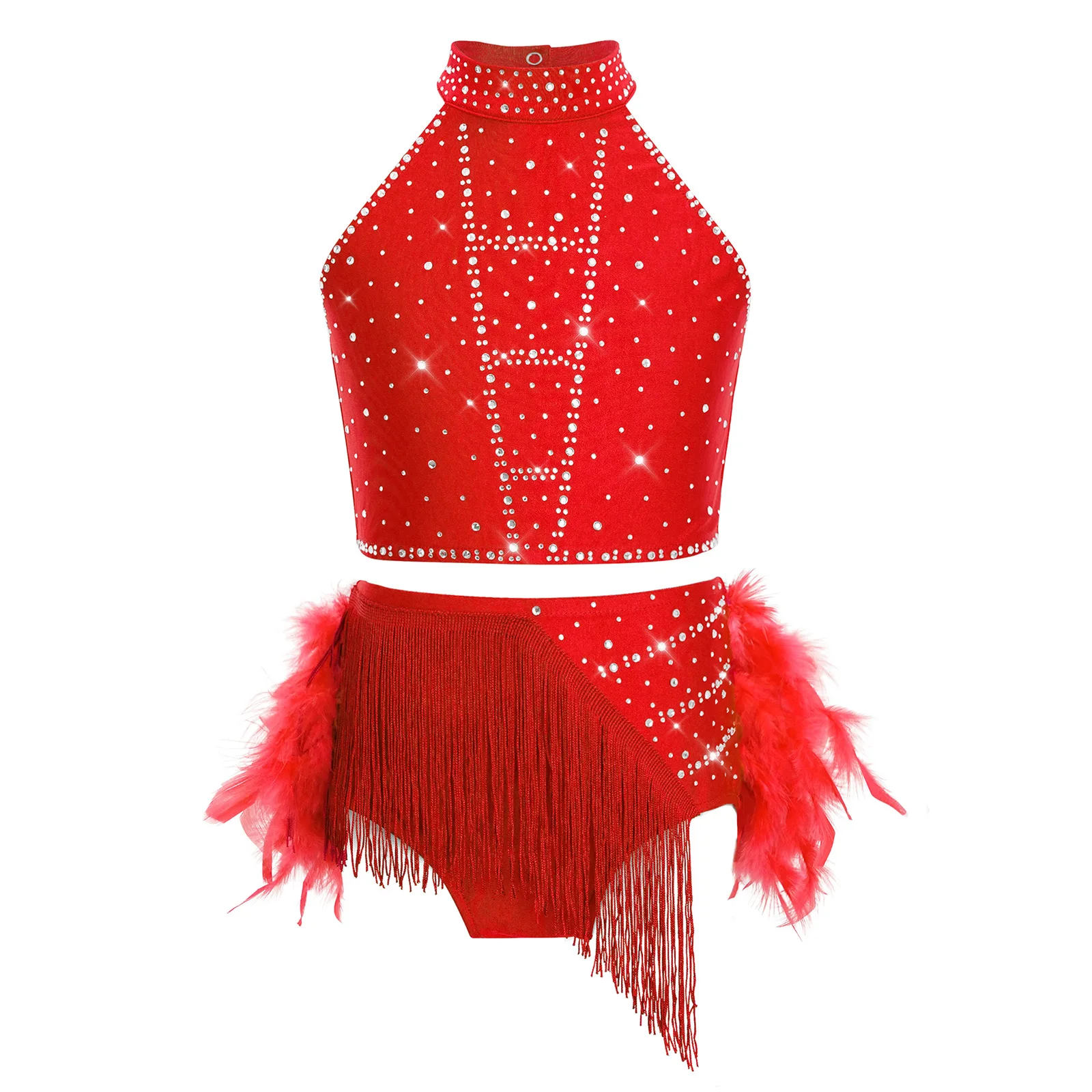 Teens Ballroom Fringe Chacha Rumba Tango Salsa Dancing Performance Costume Feather Latin Dance Outfit Kids Girls Dancewear Sets