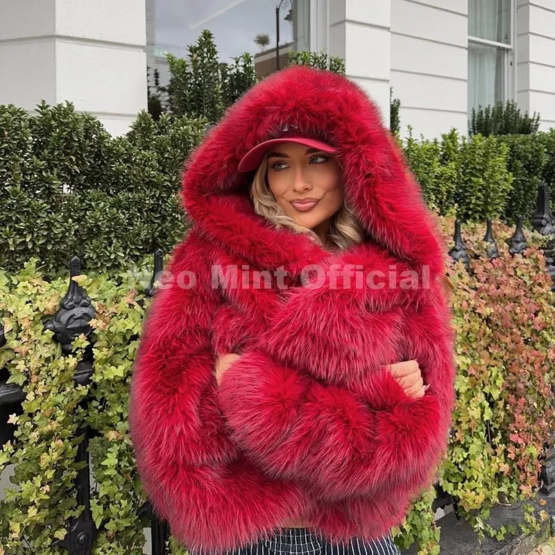 Neo Mint Y2k Brand Fashion Christmas Red Hooded Faux Fur Coat