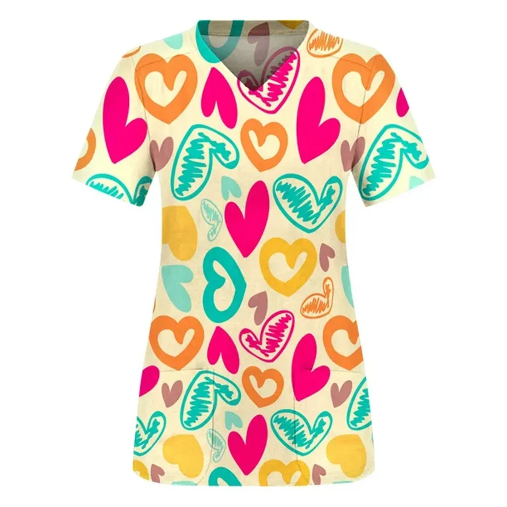 Women's T Shirt V Neck Tops Valentine's Day print Shirt Pocket Women Hospital T Shirt thanksgiving Tops Nurse Uniform T Shirt