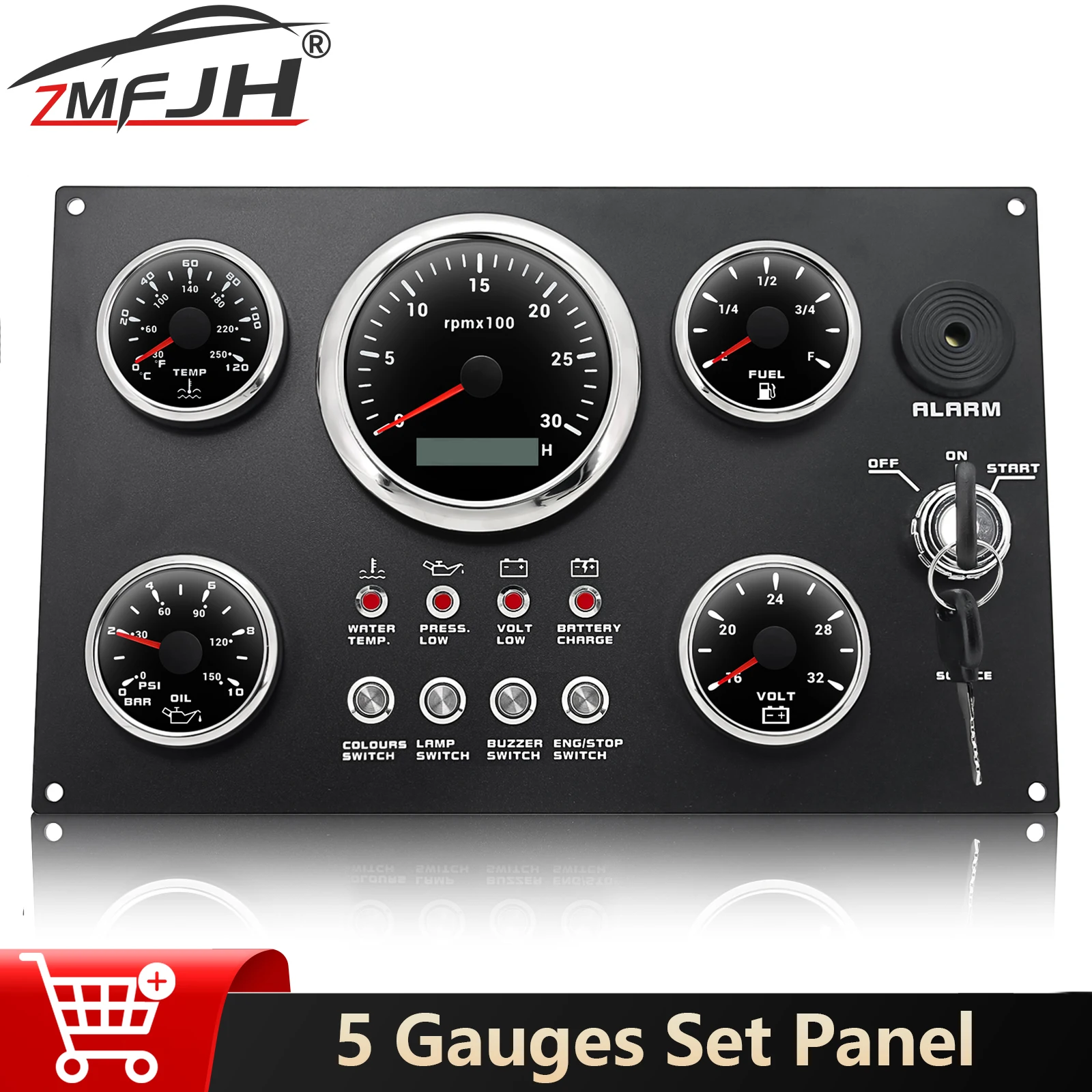 

7-цветная подсветка, 5 манометров, панельный тахометр + измеритель температуры воды + датчик уровня топлива + манометр масла + вольтметр для морской лодки